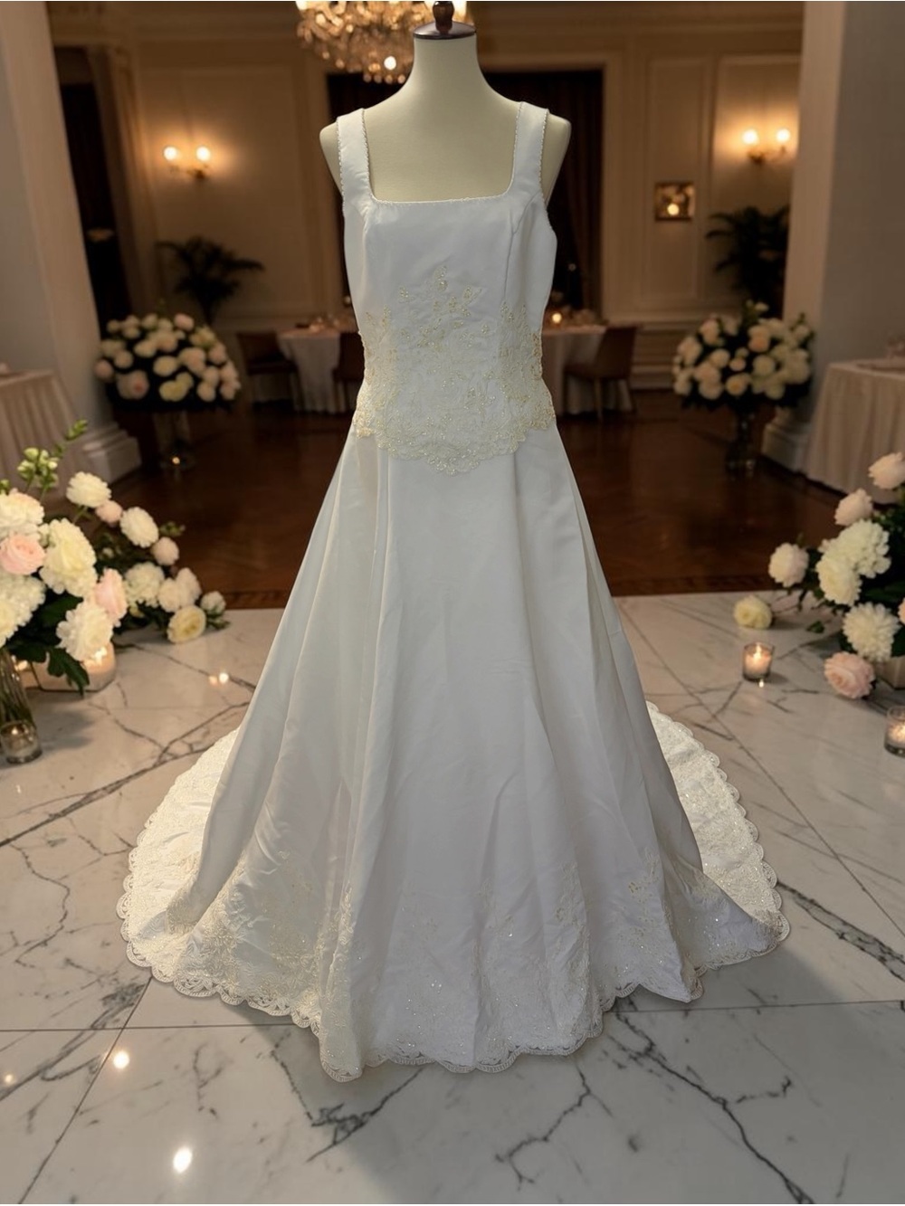 L'Amour White Satin Square-Neck A-Line Wedding‎ Gown with Beaded Waist